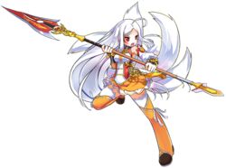  ahoge ara_haan ara_haan_(celestial_fox) detached_sleeves elsword eun_(elsword) facial_mark female fox_tail full_body holding holding_weapon little_xia_(elsword) long_hair official_art open_mouth polearm red_eyes ribbon sando_(dukedevil) solo tail thighhighs transparent_background weapon white_hair white_ribbon white_thighhighs 