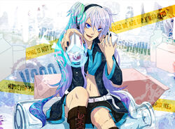  blue_eyes boots gray_hair hagane_miku headphones momopanda oerba_yun_fang tie twintails vocaloid 