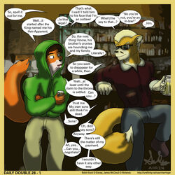  1:1 alcohol anthro bar beer_mug beverage bodyguard border canid canine clothed clothing crossed_arms crossover dialogue disney duo english_text eye_contact eyewear facial_hair fox fully_clothed glass hoodie james_mccloud looking_at_another male male/male mammal moustache nintendo reclining robin_hood robin_hood_(disney) sitting speech_bubble standing star_fox star_ringer sunglasses text topwear yellow_border 