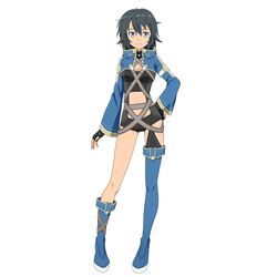  asymmetrical_legwear black_gloves black_hair black_shorts blue_eyes blue_footwear boots breasts cleavage crop_top female fingerless_gloves full_body gloves hand_on_own_hip looking_at_viewer medium_breasts midriff navel official_art philia_(sao) philia_(sao-alo) short_hair short_shorts shorts simple_background smile solo standing stomach sword_art_online thigh_boots thighhighs uneven_legwear white_background 