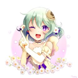  bad_id bad_twitter_id elbow_gloves female flower gloves green_hair highres magical_daisy mahou_shoujo_ikusei_keikaku mahou_shoujo_ikusei_keikaku_restart one_eye_closed purple_eyes short_hair smile solo yunare 