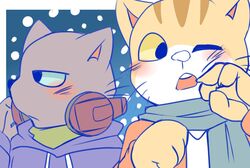  anthro blush clothed clothing domestic_cat duo felid feline felis kuehiko_roshihara male male/male mammal open_mouth saku1saya snow tapio_chatarozawa working_buddies! 