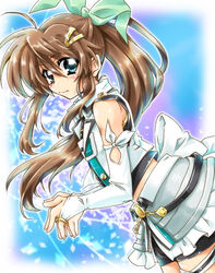  ahoge aqua_ribbon bike_shorts blush bridal_gauntlets brown_hair colorized commentary female fuka_reventon green_ribbons hair_ornament hair_ribbon hairclip highres long_hair looking_at_viewer lyrical_nanoha magical_girl own_hands_together photoshop_(medium) ponytail ribbon san-pon sidelocks solo tatsuko_(tttk_64) vivid_strike! 