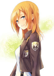  blonde_hair blue_eyes blush commentary_request emblem female jacket krista_lenz long_hair looking_at_viewer ocha_(hutuumikan) open_clothes open_jacket paradis_military_uniform photoshop_(medium) shingeki_no_kyojin solo training_corps_(emblem) 