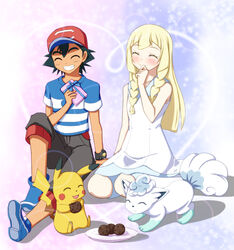  1boy alolan_vulpix black_hair blonde_hair blush female kou lillie_(pokemon) pikachu pokemon pokemon_sm pokemon_sm_(anime) satoshi_(pokemon) smile valentines_day 