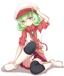  bad_id bad_pixiv_id boots brooch cabbie_hat casual dararito emerada_etuva female green_eyes green_hair hand_on_headwear hat hataraku_maou-sama! jewelry knee_boots short_hair skirt sleeves_rolled_up solo thighhighs 