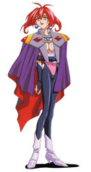  1990s_(style) arm_grab boots breasts bridal_gauntlets cape cleavage earrings female full_body high_heels highres jewelry long_hair medium_breasts non-web_source official_art open_mouth photoshop_(medium) red_hair retro_artstyle simple_background solo standing vs_knight_lamune_&amp;_40_fresh white_background yellow_eyes 