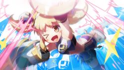  ;d bare_shoulders blonde_hair blush_stickers chinese_clothes collar dudou female flat_chest gauntlets giant_fist highres looking_at_viewer midriff mika_returna one_eye_closed open_mouth short_twintails smile twintails under_night_in-birth under_night_in-birth_exe:late[st] weapon yellow_eyes yon_(uni) 