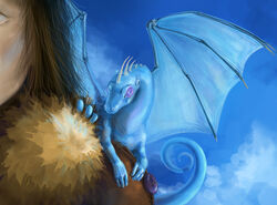  ambiguous_gender blue_body blue_scales brown_hair clothing crouching detailed_background dragon duo european_mythology feral gem_eyes hair head_spikes hi_res human jacket mammal membrane_(anatomy) membranous_wings micro mythological_creature mythological_scalie mythology perched pern portrait purple_eyes scales scalie sky solo_focus spikes spikes_(anatomy) spread_wings stefana-tserk tail topwear western_dragon wings 