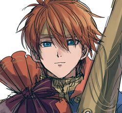  1boy blue_eyes cape commentary_request eliwood_(fire_emblem) eliwood_(valentine)_(fire_emblem) fire_emblem fire_emblem:_the_blazing_blade fire_emblem_heroes kometubu0712 looking_at_viewer male_focus red_hair smile solo 