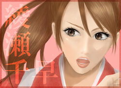  artist_name ayase_chihaya brown_eyes brown_hair character_name chihayafuru commentary_request female japanese_clothes kimono leopon lips open_mouth pink_background ponytail portrait solo sweat 