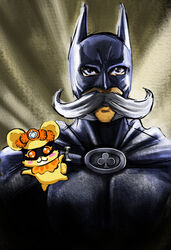  1boy bad_id bad_pixiv_id batman batman_(cosplay) batman_(series) beard cape cosplay creature crossover dc_comics dokidoki!_precure el_blanco facial_hair handlebar_mustache leather male_focus mascot mask moustache parody photoshop_(medium) precure rance_(dokidoki!_precure) robin_(dc) robin_(dc)_(cosplay) sebastian_(dokidoki!_precure) solo superhero_costume 