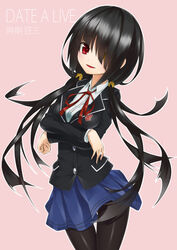  :d absurdres bad_id bad_pixiv_id black_hair blue_skirt character_name crossed_arms date_a_live english_text female hair_over_one_eye heterochromia highres long_hair long_sleeves looking_at_viewer neko7 open_mouth pantyhose photoshop_(medium) pink_background raizen_high_school_uniform red_eyes red_ribbon ribbon school_uniform skirt smile solo thigh_gap tokisaki_kurumi twintails yellow_eyes 