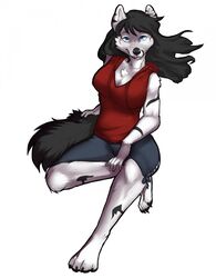  4_toes anthro big_breasts black_hair black_nose blue_eyes bottomwear breasts canid canine canis chest_tuft cleavage clothed clothing eyebrows feet female fluffy fluffy_tail hair hand_on_tail hi_res hoodie jazmine_wolfe looking_at_viewer mammal shapeshifterprincess shorts simple_background solo stripes tail toes topwear tuft white_background wolf 