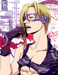  1boy abs biting blonde_hair clothing_cutout commentary_request domino_mask foo-ri-gan glove_biting gloves jojo_no_kimyou_na_bouken long_hair male_focus mask melone pectoral_cleavage pectorals purple_eyes single_bare_shoulder solo 