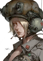  badge breasts brown_eyes cable cigarette collarbone collared_shirt commentary eyelashes female grey_shirt hair_over_one_eye headphones helmet large_breasts lips looking_at_viewer mouth_hold original photoshop_(medium) pilot pink_lips puppeteer_lee shirt short_hair signature simple_background solo teeth unbuttoned unbuttoned_shirt upper_body white_background 