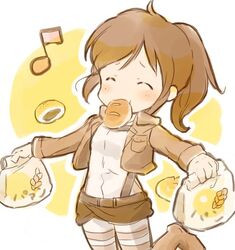  ^_^ bag blush bread brown_hair chibi closed_eyes commentary_request female food happy jacket mouth_hold musical_note paper_bag paradis_military_uniform ponytail sasha_blouse shingeki_no_kyojin shirotaka_(shirotaka) solo 