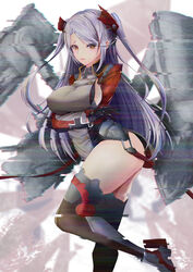  absurdres azur_lane black_gloves blush boots breasts commentary_request female gloves grey_hair highres hip_focus large_breasts lips long_hair looking_at_viewer multicolored_hair parted_lips prinz_eugen_(azur_lane) sideboob sidelocks solo spekkio36 thighhighs two-tone_hair two_side_up 