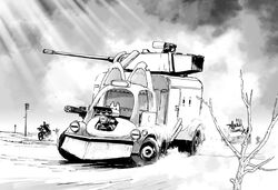  bare_bush bus bush cannon cloud cloudy_sky commentary_request creature day driving greyscale gun japari_bus kemono_friends light_rays lucky_beast_(kemono_friends) mad_max matsuda_juukou military monochrome motion_blur motor_vehicle no_humans outdoors sky smoke sunbeam sunlight turret utility_pole weapon 