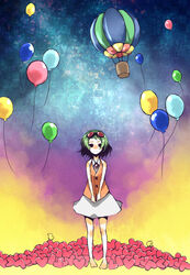  aircraft bad_id bad_pixiv_id balloon bird campanella_(vocaloid) female goggles goggles_on_head green_eyes green_hair gumi heart highres hot_air_balloon met-tha short_hair solo vocaloid 