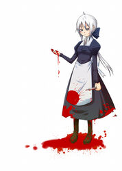  aku_no_musume_(vocaloid) alternate_universe apron bad_end bad_id bad_pixiv_id blood blood_on_clothes blood_on_face blood_on_knife blood_on_weapon blood_splatter blood_stain bow clarith dress evillious_nendaiki female highres knife long_hair painttool_sai_(medium) ponytail ribbon shiro_no_musume_(vocaloid) solo striped_bow tf_(favor123123) very_long_hair vocaloid weapon white_hair yowane_haku 