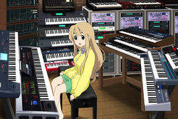  blonde_hair blue_eyes casual commentary_request female instrument k-on! keyboard_(instrument) korg korg_triton kotobuki_tsumugi long_hair richard_crazyman sitting solo synthesizer 