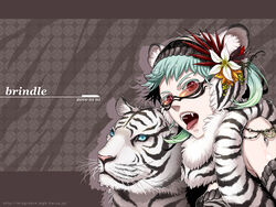  animal_ears fangs female flower glasses green_hair hair_flower hair_ornament miogrobin original red_eyes short_hair solo tiger tiger_ears tongue 