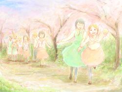  2boys 6+girls aoi_hana bad_id bad_pixiv_id braid closed_eyes glasses holding_hands hon&#039;atsugi_youko ikumi_kyouko long_hair manjoume_fumi motegi_miwa multiple_boys multiple_girls okudaira_akira okudaira_shinobu oono_haruka outdoors pantyhose petals sanshain sawanoi_kou short_hair smile sugimoto_yasuko tree twin_braids ueda_ryouko yasuda_misako 