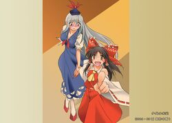  2girls angeldust bow brown_hair commentary_request detached_sleeves hakurei_reimu holding_hands kamishirasawa_keine long_hair multiple_girls touhou white_hair 