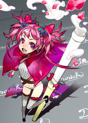  bad_id berry cape capelet commentary detached_sleeves dororich drinking_straw earrings female gloves gradient_background grey_background hair_ornament jewelry miwa_shirow navel no_pants open_mouth original panties personification photoshop_(medium) pink_eyes pink_gloves pink_hair see-through see-through_capelet smile solo striped_clothes striped_thighhighs thighhighs twintails underwear vertical-striped_clothes vertical-striped_thighhighs 