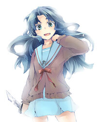  asakura_ryouko bad_id bad_pixiv_id blue_eyes blue_hair blue_sailor_collar blue_skirt cardigan female kita_high_school_uniform knife long_hair maro_(nikeneko523) sailor_collar school_uniform serafuku skirt solo suzumiya_haruhi_no_shoushitsu suzumiya_haruhi_no_yuuutsu winter_uniform 