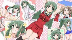  1boy 3girls animal_ears anime_screenshot bikini cat_ears green_hair gym_uniform hidamari_sketch mikami_komata miyako_(hidamari_sketch) multiple_girls nurse principal_(hidamari_sketch) school_uniform swimsuit ume-sensei yamabuki_high_school_uniform yoshinoya_(hidamari_sketch) yuno_(hidamari_sketch) 