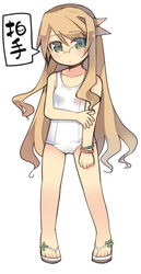  arima_senka blonde_hair female glasses green_eyes kashiwamochi_yomogi long_hair one-piece_swimsuit original photoshop_(medium) sandals school_swimsuit solo swimsuit white_one-piece_swimsuit 