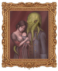  baby burunuu_(bullnukko) couple cthulhu cthulhu_mythos family female framed hug if_they_mated illbleed monster painting_(object) parody pride_and_prejudice straight tentacle 