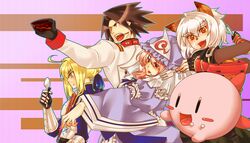  1boy 3girls ahoge akatsuki_(akatsuki_blitzkampf) akatsuki_blitzkampf animal_ears artoria_pendragon_(fate) blonde_hair chopsticks commentary_request crossover fate/stay_night fate_(series) final_fantasy final_fantasy_xi fork gloves green_eyes hat kirby kirby_(series) m.u.g.e.n mithra_(ff11) multiple_crossover multiple_girls pink_hair saber_(fate) saigyouji_yuyuko spoon tobi_(discharge_cycle) touhou trait_connection 