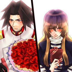  1boy akatsuki_(akatsuki_blitzkampf) akatsuki_blitzkampf backlighting blush bouquet brown_hair commentary_request crossover female flower gift hijiri_byakuren holding holding_gift long_hair m.u.g.e.n multicolored_hair purple_hair red_flower red_rose rose straight tobi_(discharge_cycle) touhou yellow_eyes 