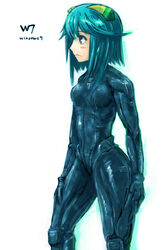  7-tan bodysuit brown_eyes commentary_request eno_(abekawa_hikozaemon_x) female green_hair os-tan photoshop_(medium) short_hair skin_tight solo 