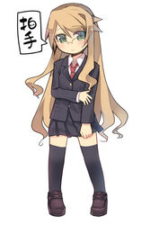  arima_senka blonde_hair female glasses green_eyes kashiwamochi_yomogi long_hair original photoshop_(medium) school_uniform solo thighhighs 