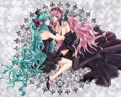  2girls aqua_eyes aqua_hair bad_id bad_pixiv_id butterfly_hair_ornament butterfly_wings dress fingerless_gloves gloves hair_ornament hat hatsune_miku headphones headset high_heels highres insect_wings long_hair magnet_(vocaloid) megurine_luka mini_hat mini_top_hat mizuiro_tomato multiple_girls pink_hair shoes thighhighs top_hat twintails very_long_hair vocaloid wings yuri 