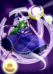  araki_(qbthgry) capelet commentary_request female green_eyes green_hair hat hat_ribbon highres long_hair magic magic_circle mima_(touhou) orrery ribbon solo staff touhou touhou_(pc-98) very_long_hair wings wizard_hat 