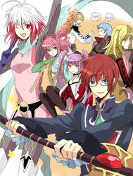  3girls 4boys aotsuki_ren asbel_lhant asbel_lhant_(cosplay) bad_id bad_pixiv_id bespectacled blonde_hair blue_hair brothers brown_hair cheria_barnes cheria_barnes_(cosplay) commentary_request cosplay costume_switch dango food glasses group_costume_switch heterochromia hubert_ozwell hubert_ozwell_(cosplay) malik_caesars malik_caesars_(cosplay) mitarashi_dango multicolored_hair multiple_boys multiple_girls pascal_(tales) pascal_(tales)_(cosplay) pink_hair purple_hair red_hair richard_(tales) richard_(tales)_(cosplay) siblings sophie_(tales) sophie_(tales)_(cosplay) tales_of_(series) tales_of_graces twintails two-tone_hair wagashi white_hair 