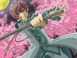  1boy asbel_lhant bad_id bad_pixiv_id blue_eyes brown_hair cherry_blossoms coat fighting_stance keika male_focus moon ready_to_draw solo sword tales_of_(series) tales_of_graces weapon white_coat 