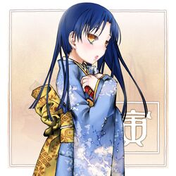  blue_hair blue_kimono commentary_request female gift idolmaster idolmaster_(classic) japanese_clothes kakashichi kimono kisaragi_chihaya long_hair solo yellow_eyes 