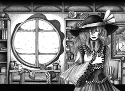  amazon_(company) basket book bookshelf cabinet commentary_request female flower flower_pot frills furby graphite_(medium) greyscale hand_on_own_chest hand_over_heart hane_(azelye) hat hat_ribbon high_collar highres humpty_dumpty jar komeiji_koishi lockbox looking_at_viewer monochrome open_mouth painting_(object) picture_frame ribbon rose round_window snow solo touhou traditional_media trash_can wind_turbine window 