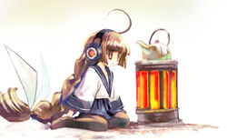  ahoge braid ein_(long_cake) female headphones heater highres kerosene_heater kettle long_hair original pantyhose school_uniform single_braid sitting solo staring very_long_hair 