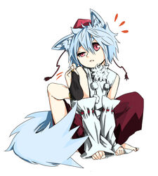  animal_ears animal_pose commentary_request detached_sleeves feet female grey_hair hat inubashiri_momiji murakami4949 red_eyes scratching short_hair solo tail toeless_legwear tokin_hat touhou wolf_ears wolf_tail 