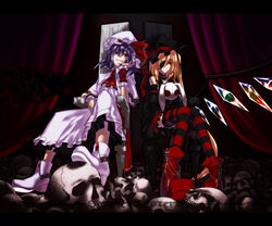  2girls alternate_costume bat_wings blonde_hair commentary_request eyepatch flandre_scarlet hat highres makie_fujiyuki multiple_girls ponytail purple_hair red_eyes remilia_scarlet short_hair siblings side_ponytail sisters skull throne touhou wings 