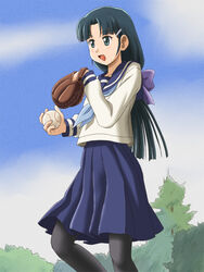  baseball baseball_mitt bow commentary_request female green_eyes green_hair lielos pantyhose school_uniform serafuku skirt solo taishou_yakyuu_musume tsukubae_shizuka 