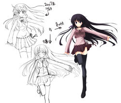  boots collar commentary_request derivative_work female highres long_hair nagimi purple_eyes purple_hair shihou_matsuri sketch sola thighhighs unfinished zettai_ryouiki 