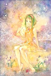  arm_support bad_id bad_pixiv_id barefoot campanella_(vocaloid) campanula-star female flower goggles goggles_on_head green_eyes green_hair gumi heart paper_airplane sitting smile solo vocaloid 